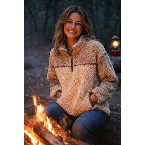 Alter’d State Brown & Cream Sherpa Pullover Half Zip Jacket Size L Pockets